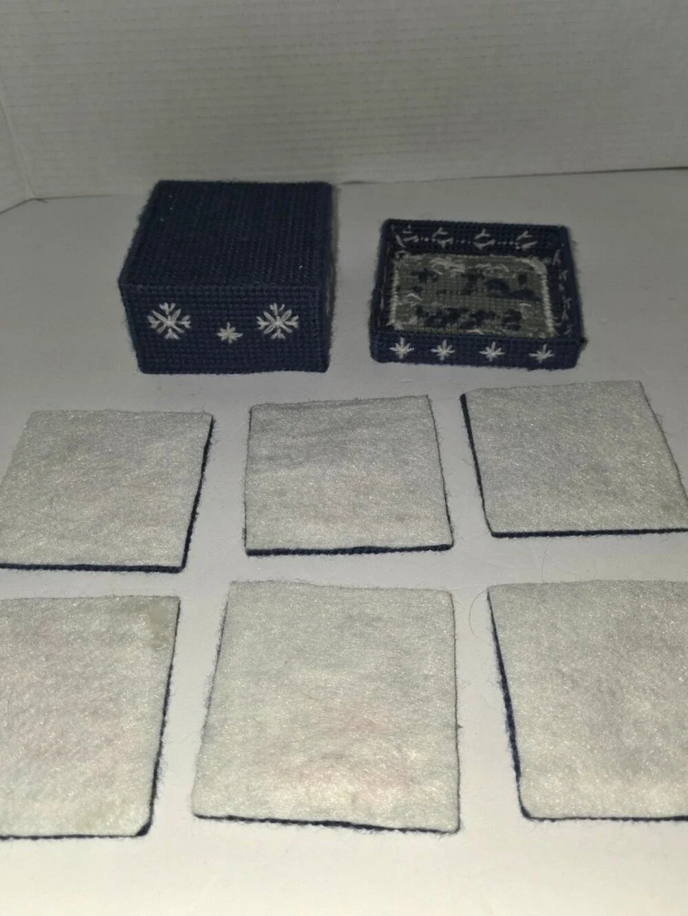 Vintage Mary Maxim Let It Snow Coasters and Holder Plastic Canvas Handmade